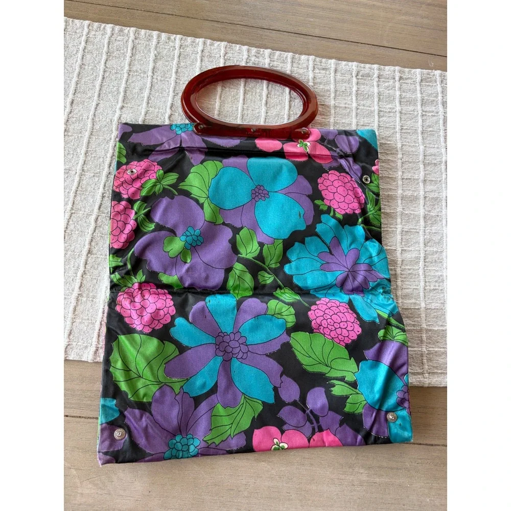 Vintage Ladys Pride Floral Handbag Lucite Amber Handle Mod Psychedelic 60s 70s